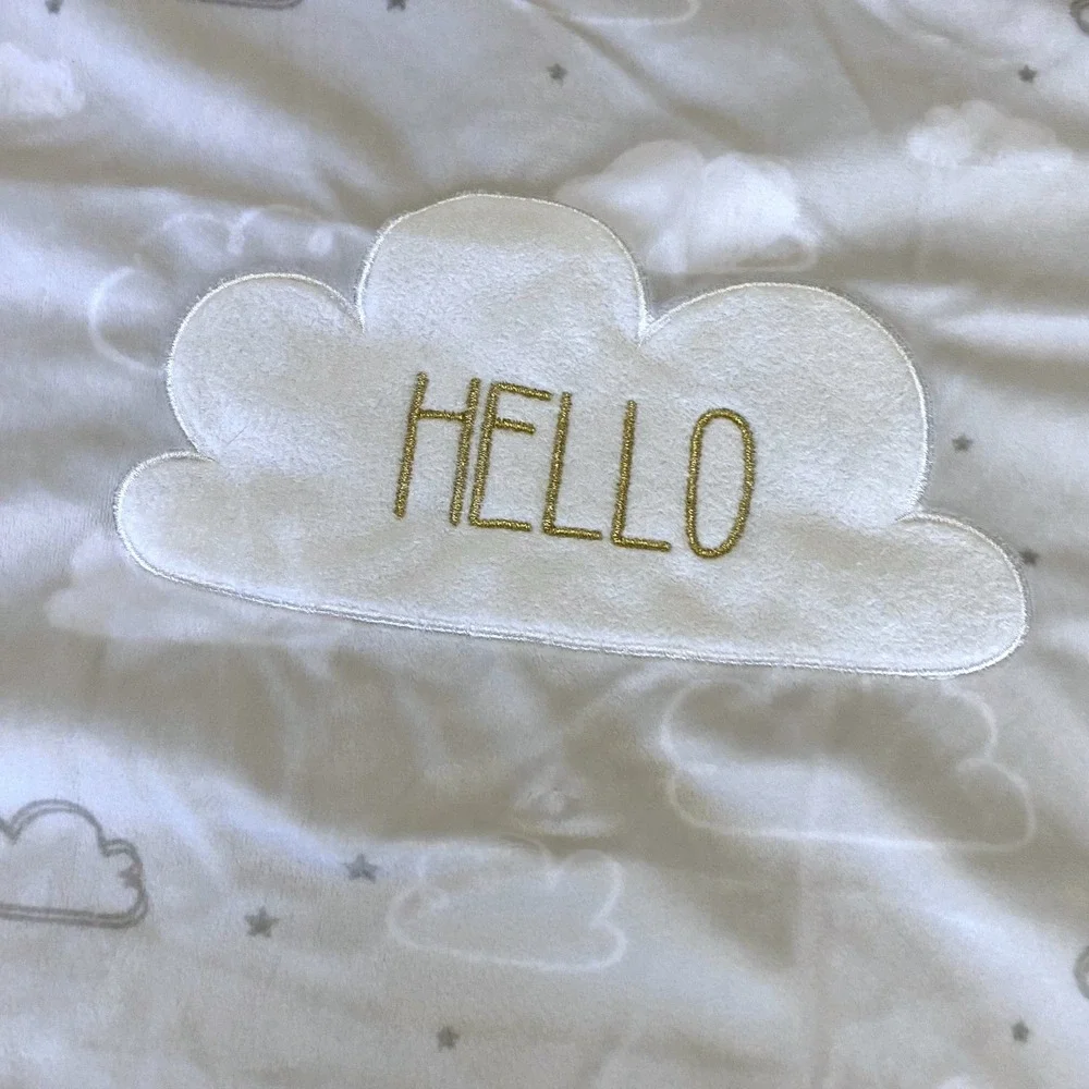 Just Born Hello Baby Blanket‎ White Gray Cloud Star Sherpa Plush 30x40